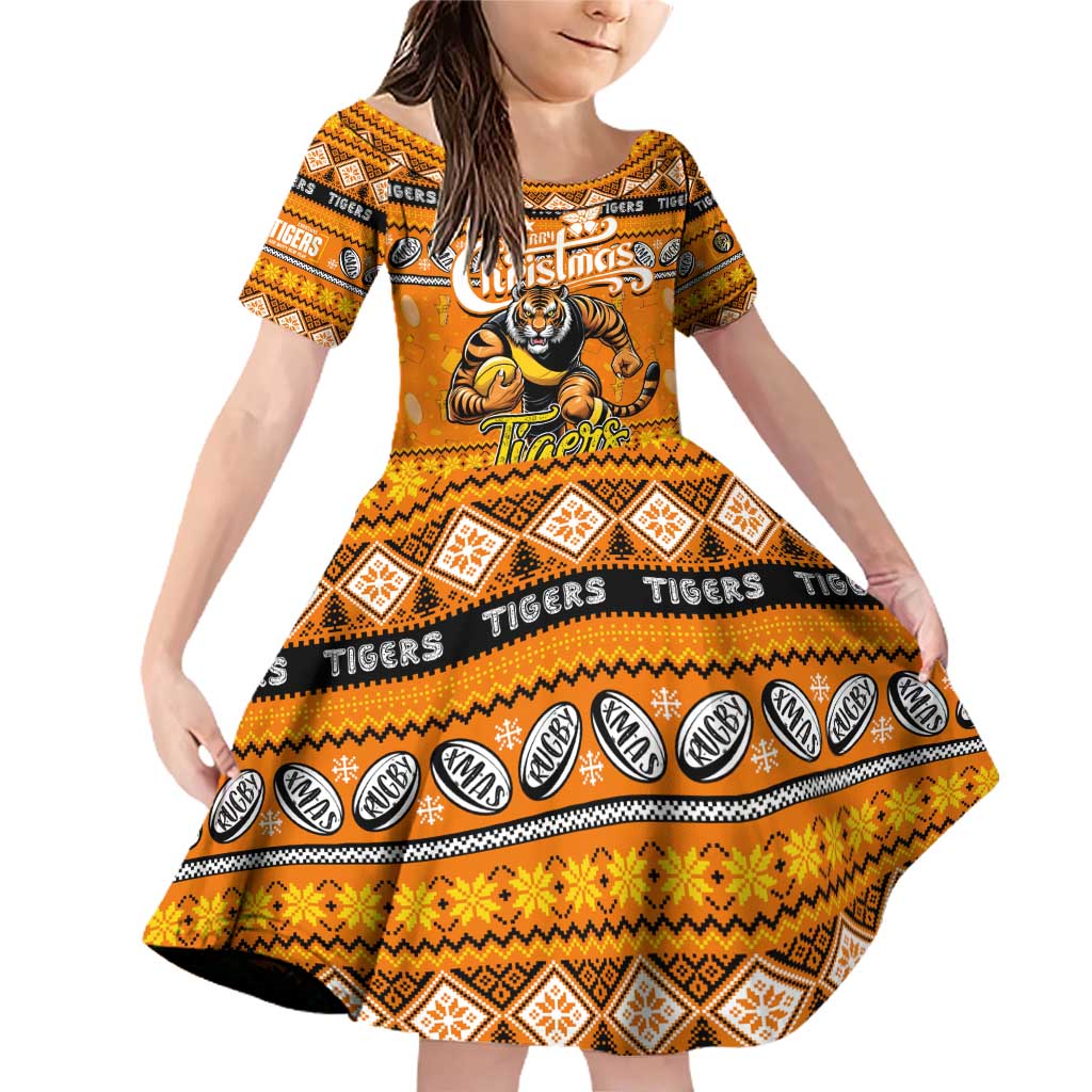 Personalized Tigers Rugby Xmas Family Matching Off Shoulder Short Dress and Hawaiian Shirt Australia AFL Mascot