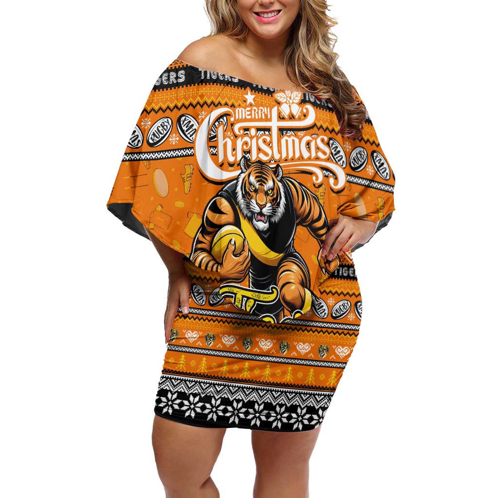 Personalized Tigers Rugby Xmas Family Matching Off Shoulder Short Dress and Hawaiian Shirt Australia AFL Mascot