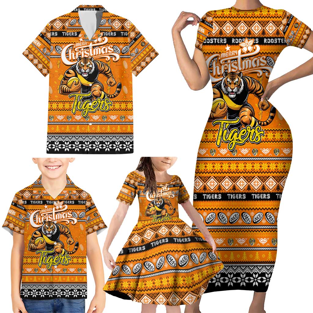 Personalized Tigers Rugby Xmas Family Matching Short Sleeve Bodycon Dress and Hawaiian Shirt Australia AFL Mascot