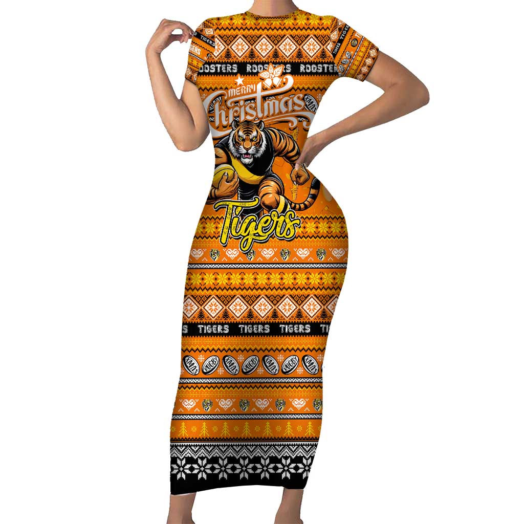 Personalized Tigers Rugby Xmas Family Matching Short Sleeve Bodycon Dress and Hawaiian Shirt Australia AFL Mascot