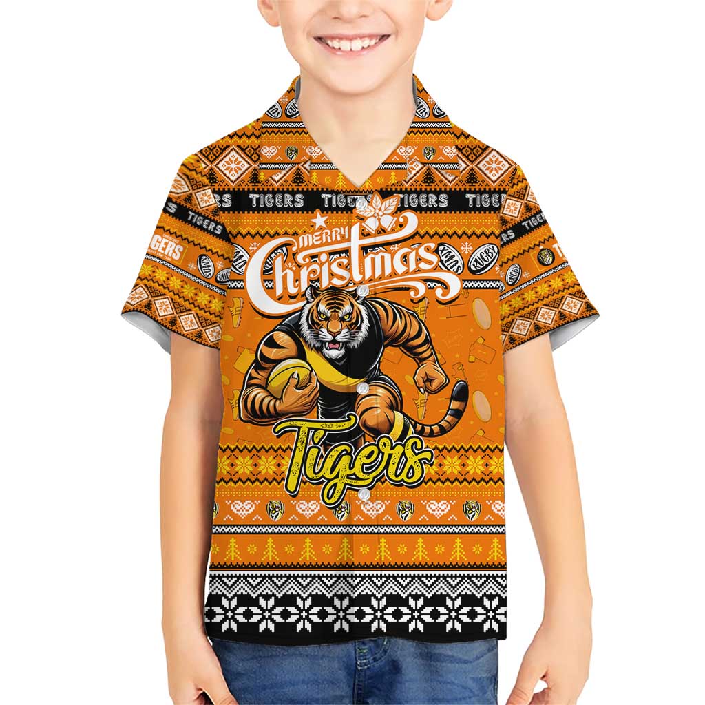 Personalized Tigers Rugby Xmas Family Matching Short Sleeve Bodycon Dress and Hawaiian Shirt Australia AFL Mascot