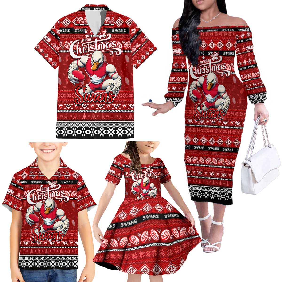 Personalized Swans Rugby Xmas Family Matching Off The Shoulder Long Sleeve Dress and Hawaiian Shirt Australia AFL Mascot