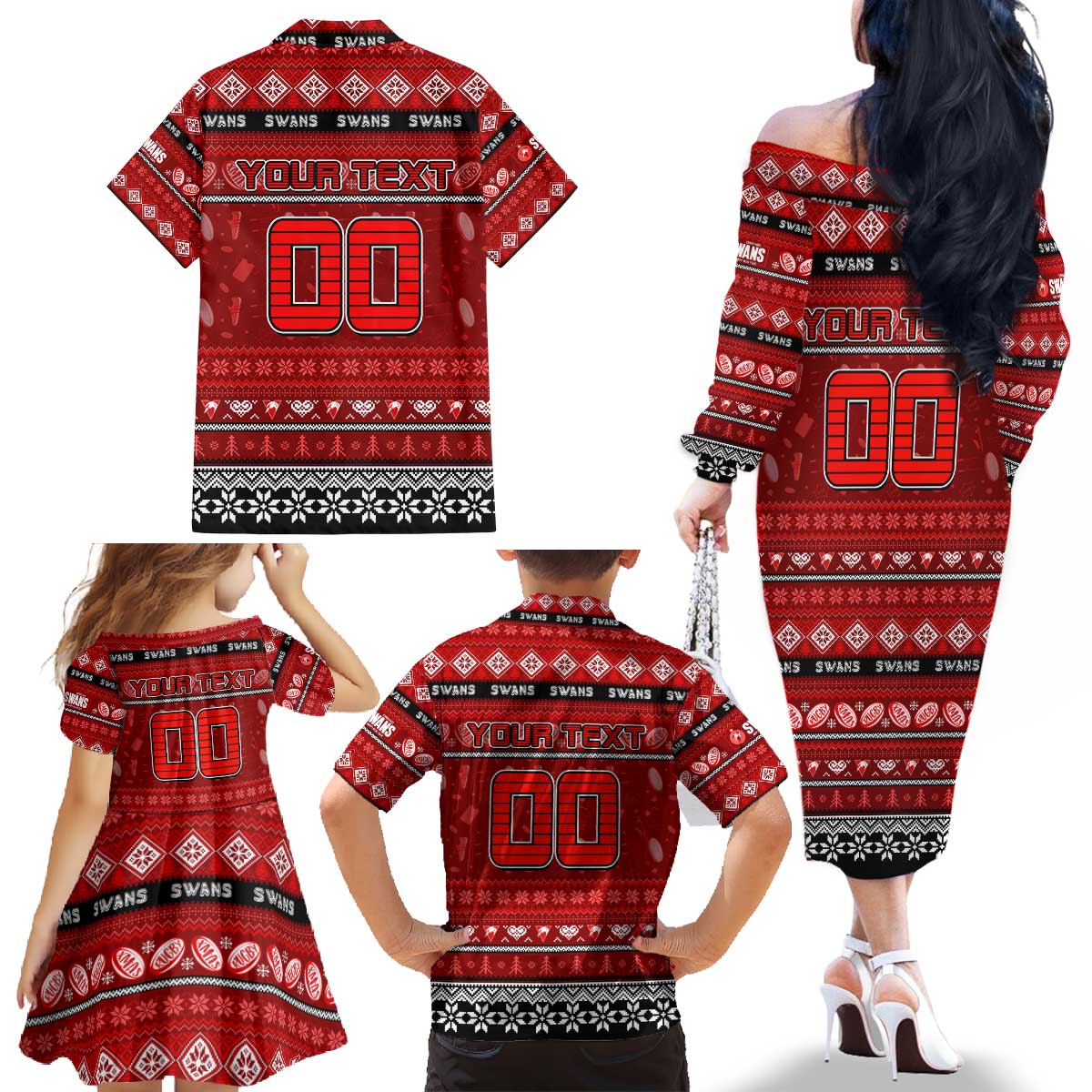 Personalized Swans Rugby Xmas Family Matching Off The Shoulder Long Sleeve Dress and Hawaiian Shirt Australia AFL Mascot