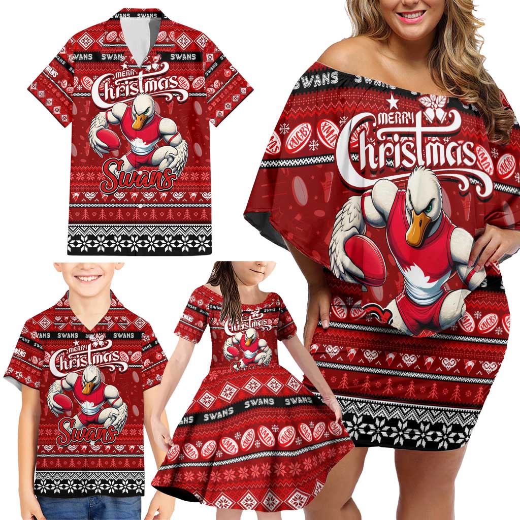 Personalized Swans Rugby Xmas Family Matching Off Shoulder Short Dress and Hawaiian Shirt Australia AFL Mascot