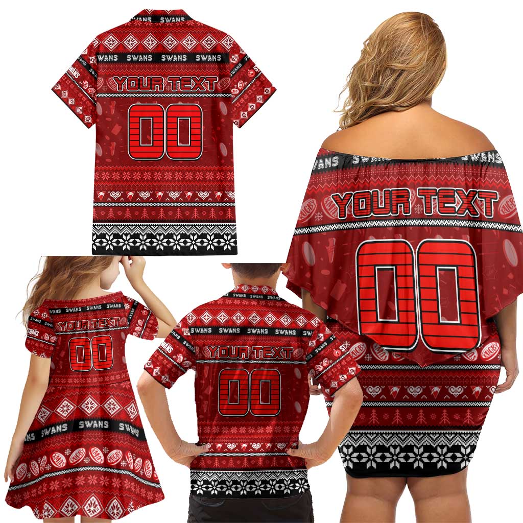 Personalized Swans Rugby Xmas Family Matching Off Shoulder Short Dress and Hawaiian Shirt Australia AFL Mascot