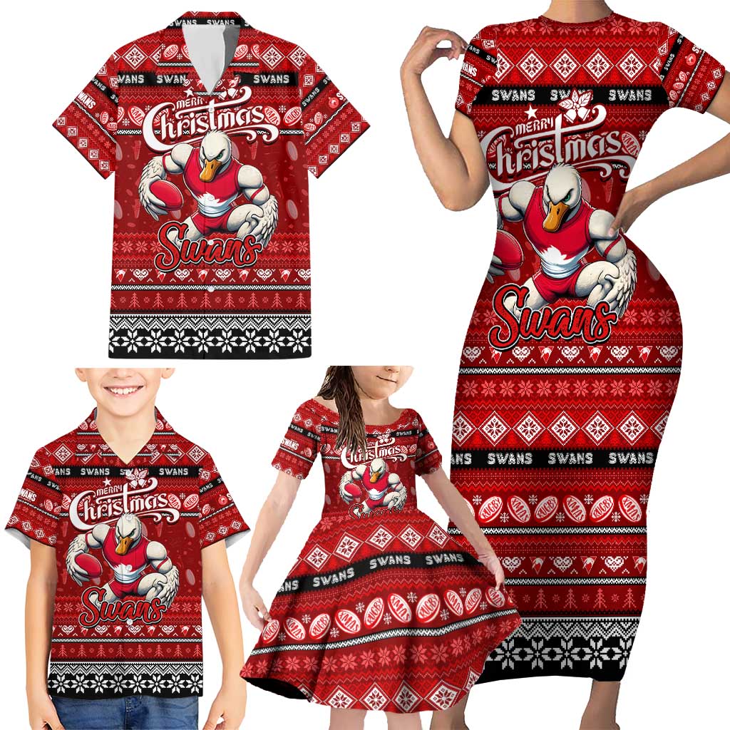Personalized Swans Rugby Xmas Family Matching Short Sleeve Bodycon Dress and Hawaiian Shirt Australia AFL Mascot