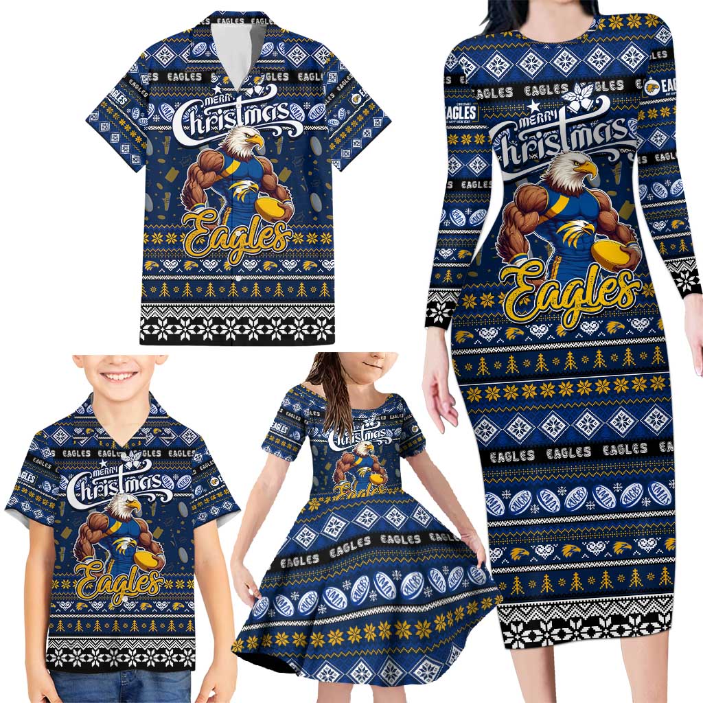 Personalized Eagles Rugby Xmas Family Matching Long Sleeve Bodycon Dress and Hawaiian Shirt Australia AFL Mascot