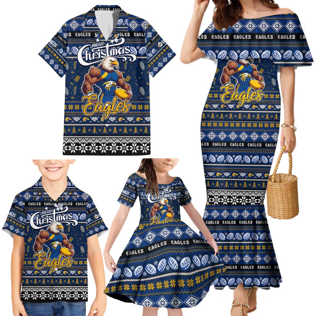 Personalized Eagles Rugby Xmas Family Matching Mermaid Dress and Hawaiian Shirt Australia AFL Mascot