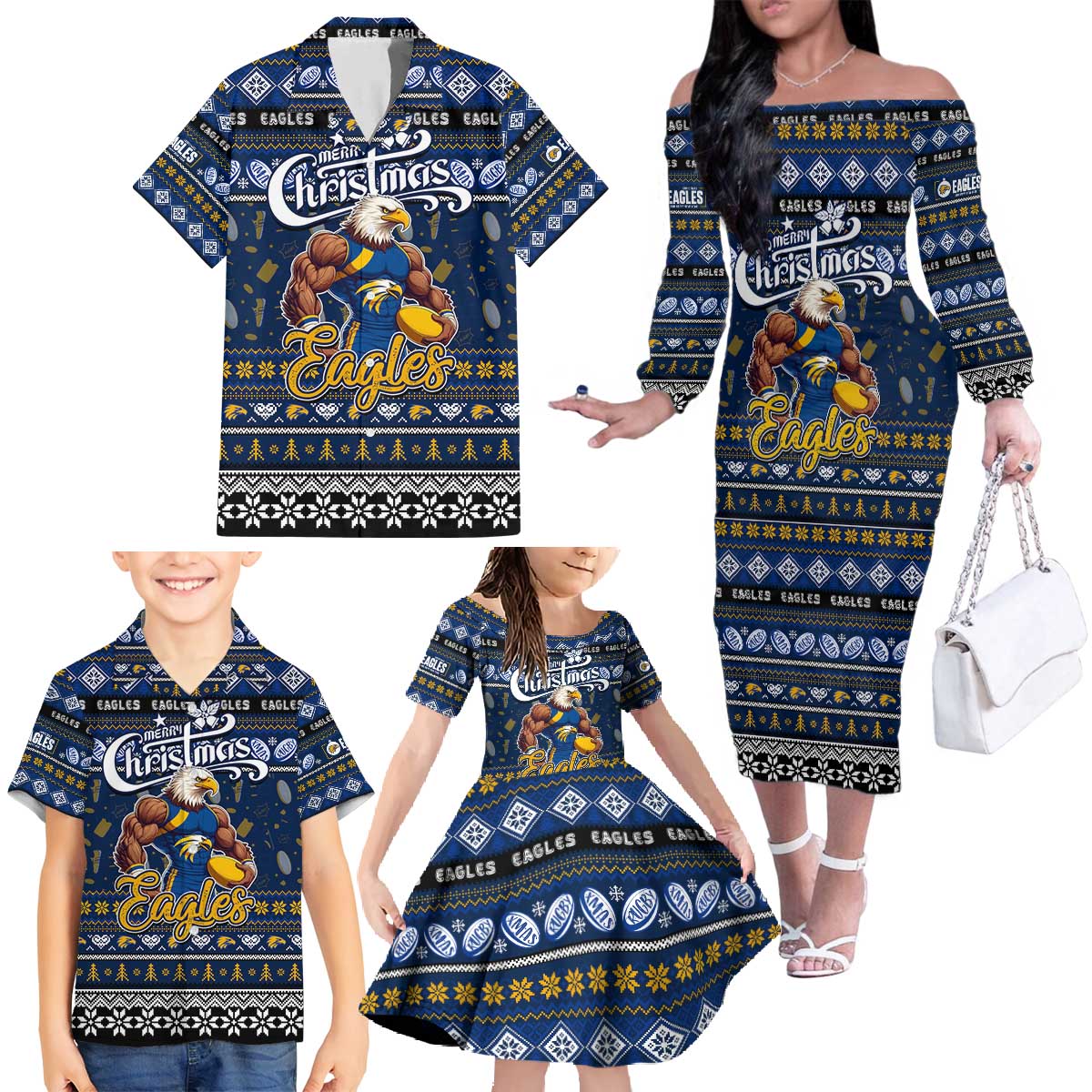 Personalized Eagles Rugby Xmas Family Matching Off The Shoulder Long Sleeve Dress and Hawaiian Shirt Australia AFL Mascot