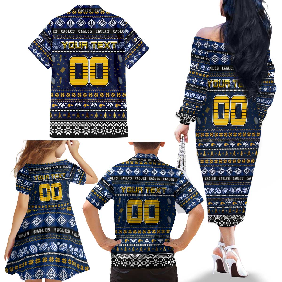 Personalized Eagles Rugby Xmas Family Matching Off The Shoulder Long Sleeve Dress and Hawaiian Shirt Australia AFL Mascot