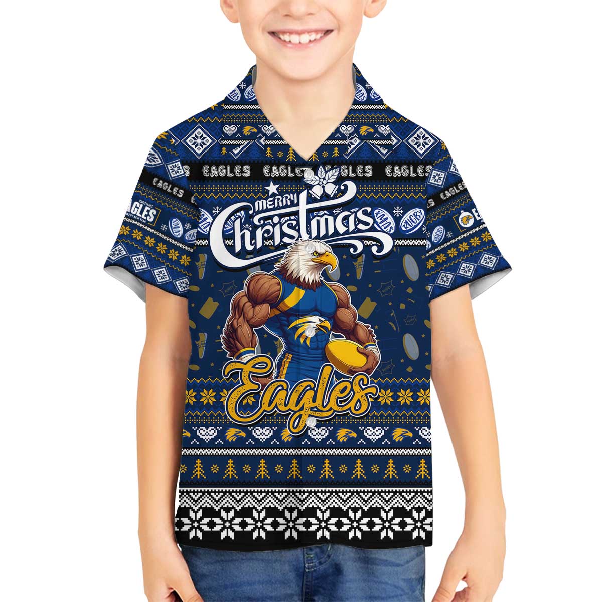 Personalized Eagles Rugby Xmas Family Matching Off The Shoulder Long Sleeve Dress and Hawaiian Shirt Australia AFL Mascot