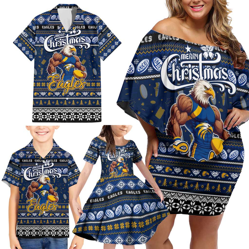 Personalized Eagles Rugby Xmas Family Matching Off Shoulder Short Dress and Hawaiian Shirt Australia AFL Mascot