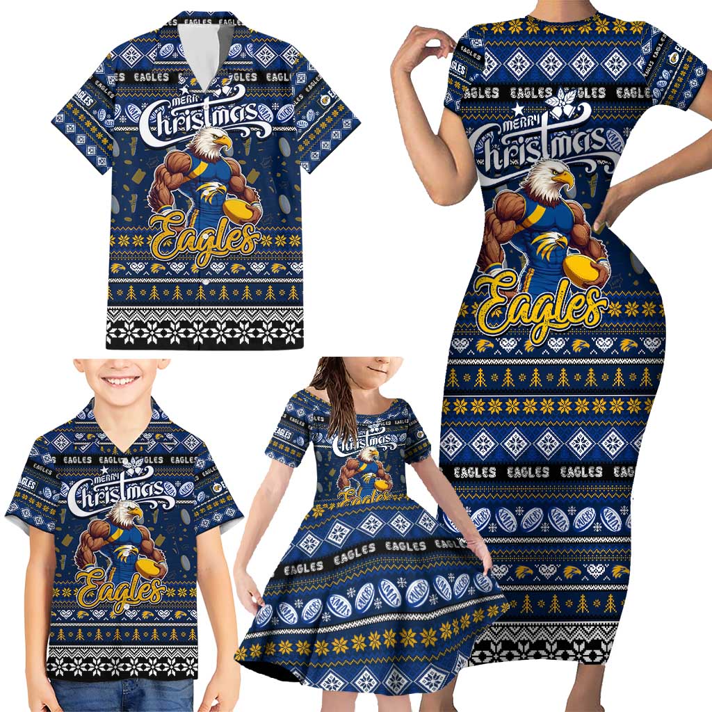 Personalized Eagles Rugby Xmas Family Matching Short Sleeve Bodycon Dress and Hawaiian Shirt Australia AFL Mascot