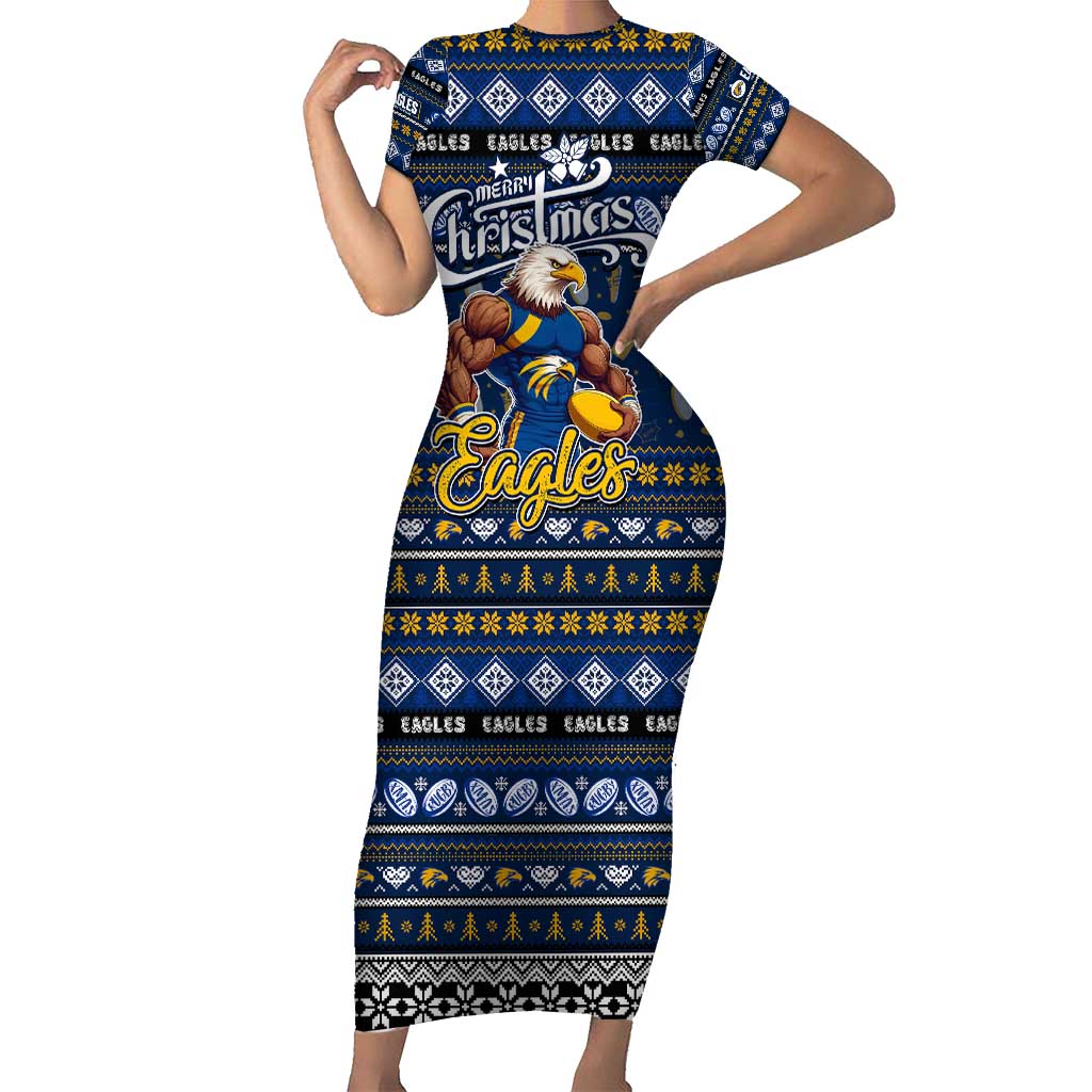 Personalized Eagles Rugby Xmas Family Matching Short Sleeve Bodycon Dress and Hawaiian Shirt Australia AFL Mascot