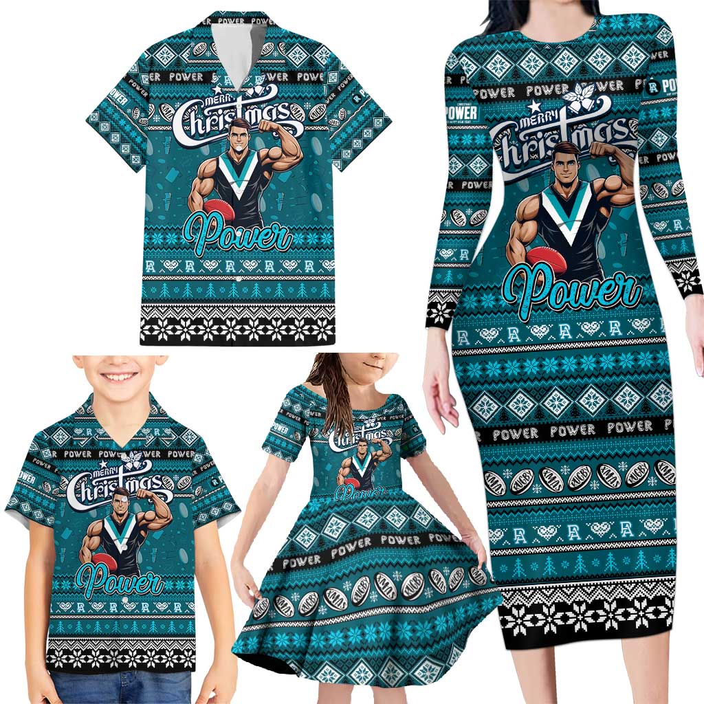 Personalized Power Rugby Xmas Family Matching Long Sleeve Bodycon Dress and Hawaiian Shirt Australia AFL Mascot