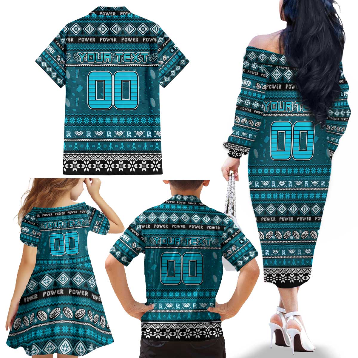 Personalized Power Rugby Xmas Family Matching Off The Shoulder Long Sleeve Dress and Hawaiian Shirt Australia AFL Mascot