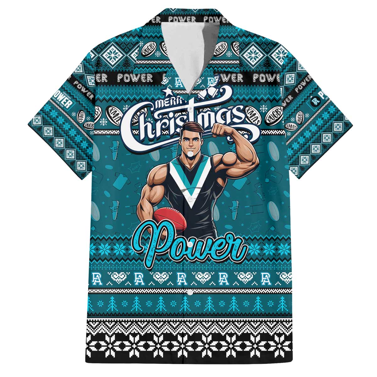 Personalized Power Rugby Xmas Family Matching Off The Shoulder Long Sleeve Dress and Hawaiian Shirt Australia AFL Mascot