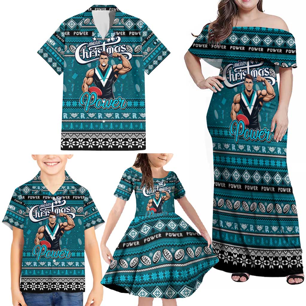 Personalized Power Rugby Xmas Family Matching Off Shoulder Maxi Dress and Hawaiian Shirt Australia AFL Mascot