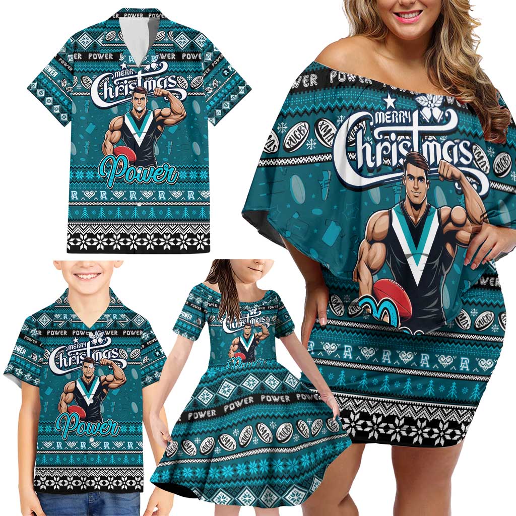 Personalized Power Rugby Xmas Family Matching Off Shoulder Short Dress and Hawaiian Shirt Australia AFL Mascot