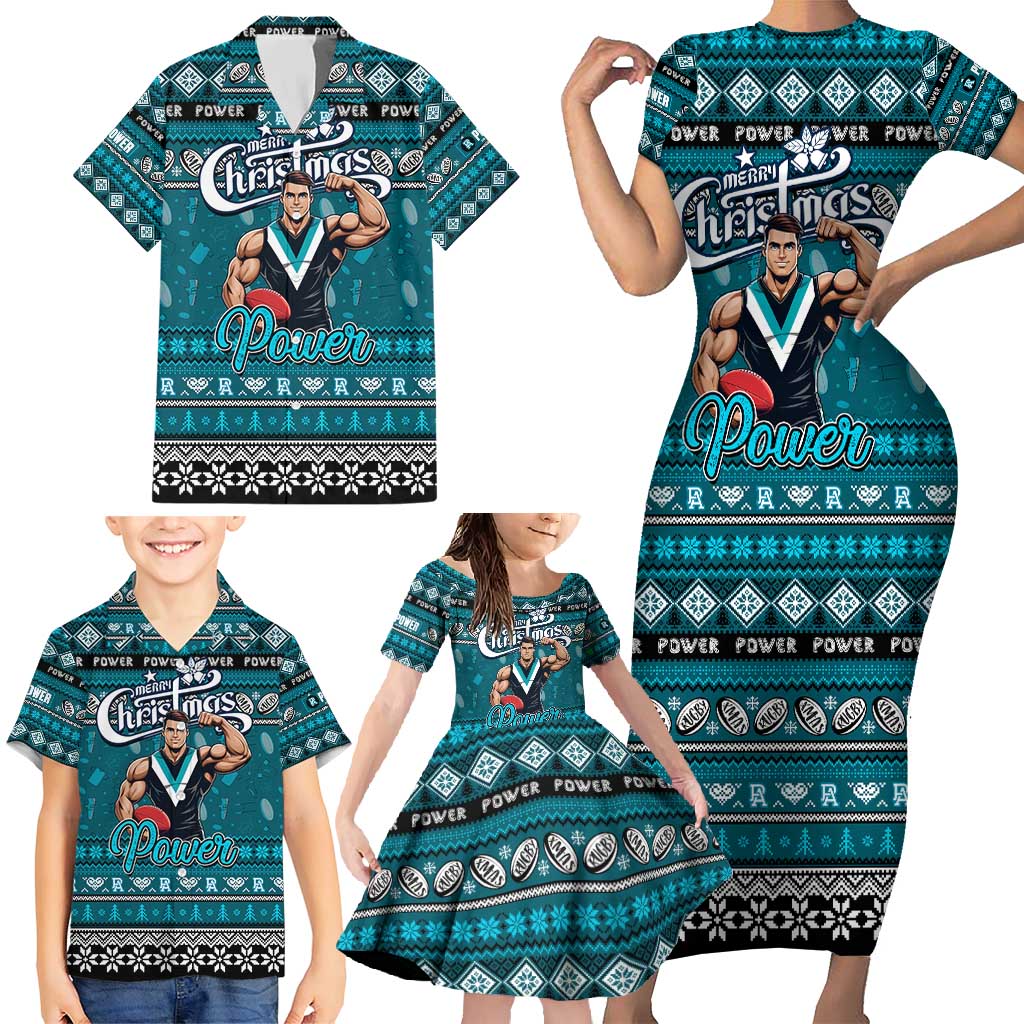 Personalized Power Rugby Xmas Family Matching Short Sleeve Bodycon Dress and Hawaiian Shirt Australia AFL Mascot