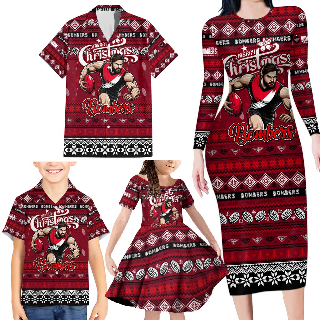 Personalized Bombers Rugby Xmas Family Matching Long Sleeve Bodycon Dress and Hawaiian Shirt Australia AFL Mascot