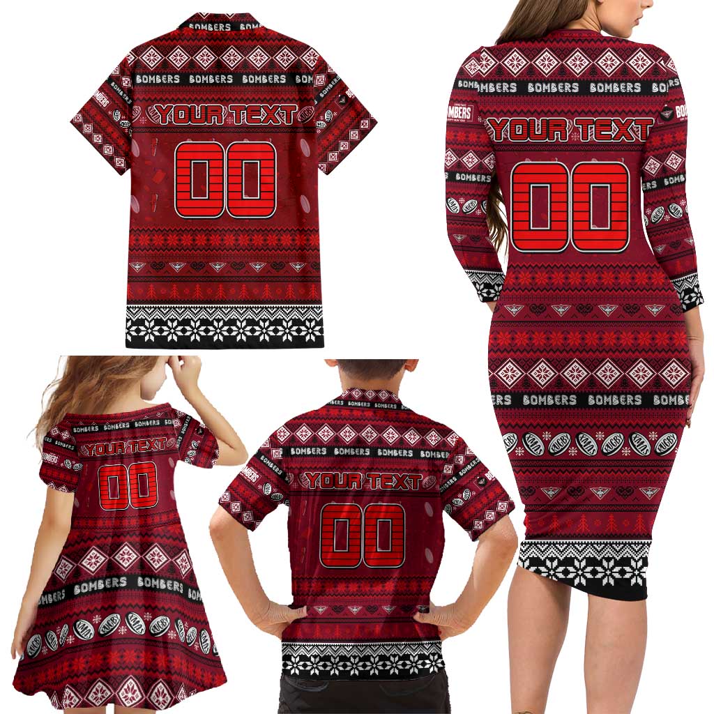 Personalized Bombers Rugby Xmas Family Matching Long Sleeve Bodycon Dress and Hawaiian Shirt Australia AFL Mascot