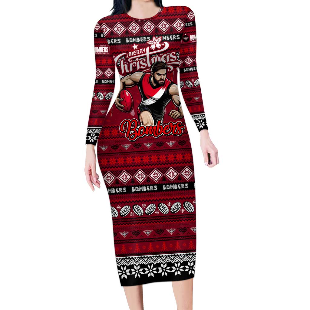 Personalized Bombers Rugby Xmas Family Matching Long Sleeve Bodycon Dress and Hawaiian Shirt Australia AFL Mascot