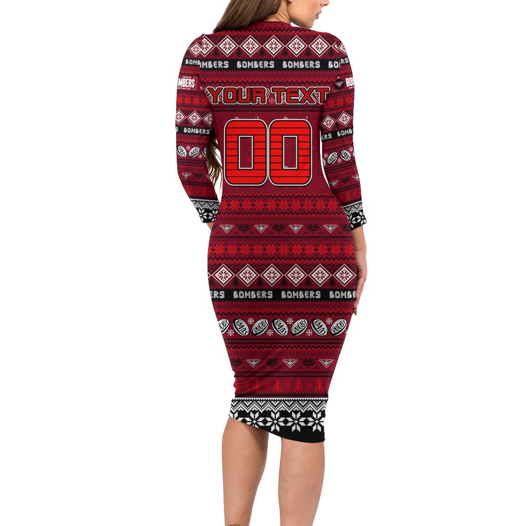 Personalized Bombers Rugby Xmas Family Matching Long Sleeve Bodycon Dress and Hawaiian Shirt Australia AFL Mascot