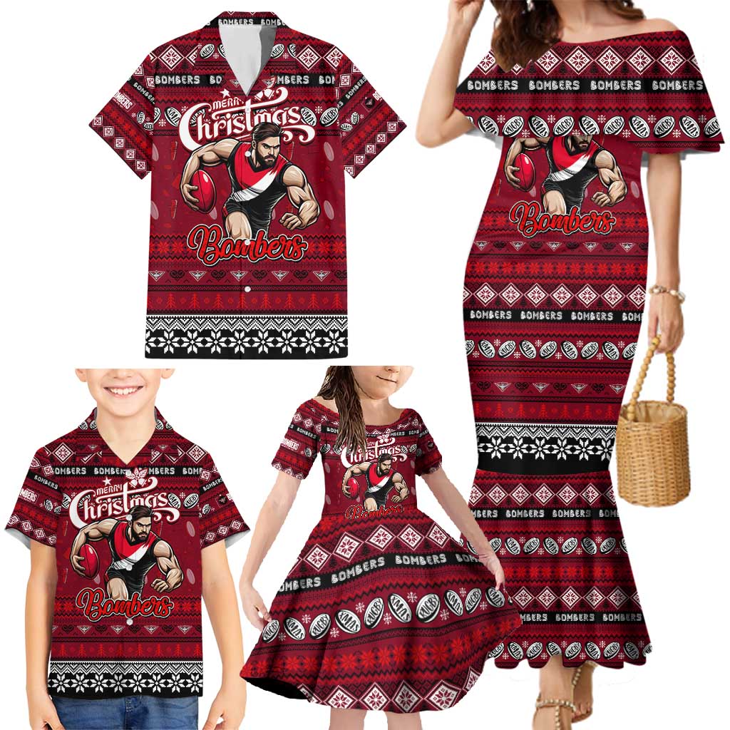 Personalized Bombers Rugby Xmas Family Matching Mermaid Dress and Hawaiian Shirt Australia AFL Mascot