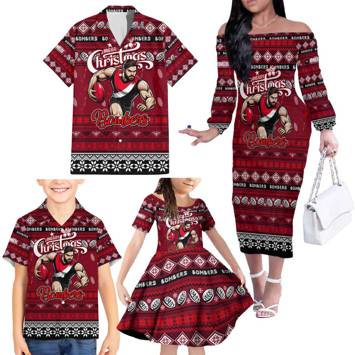 Personalized Bombers Rugby Xmas Family Matching Off The Shoulder Long Sleeve Dress and Hawaiian Shirt Australia AFL Mascot