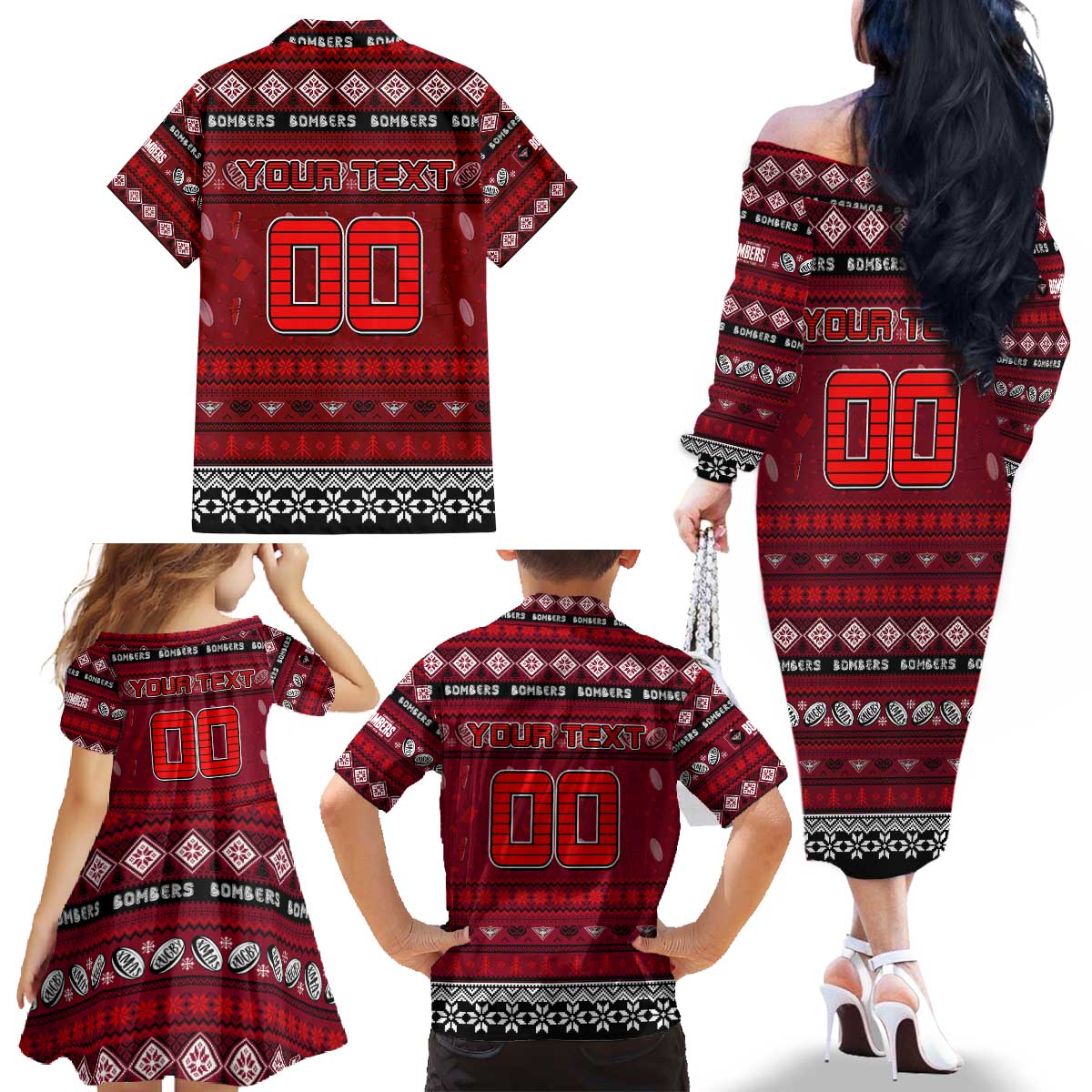 Personalized Bombers Rugby Xmas Family Matching Off The Shoulder Long Sleeve Dress and Hawaiian Shirt Australia AFL Mascot