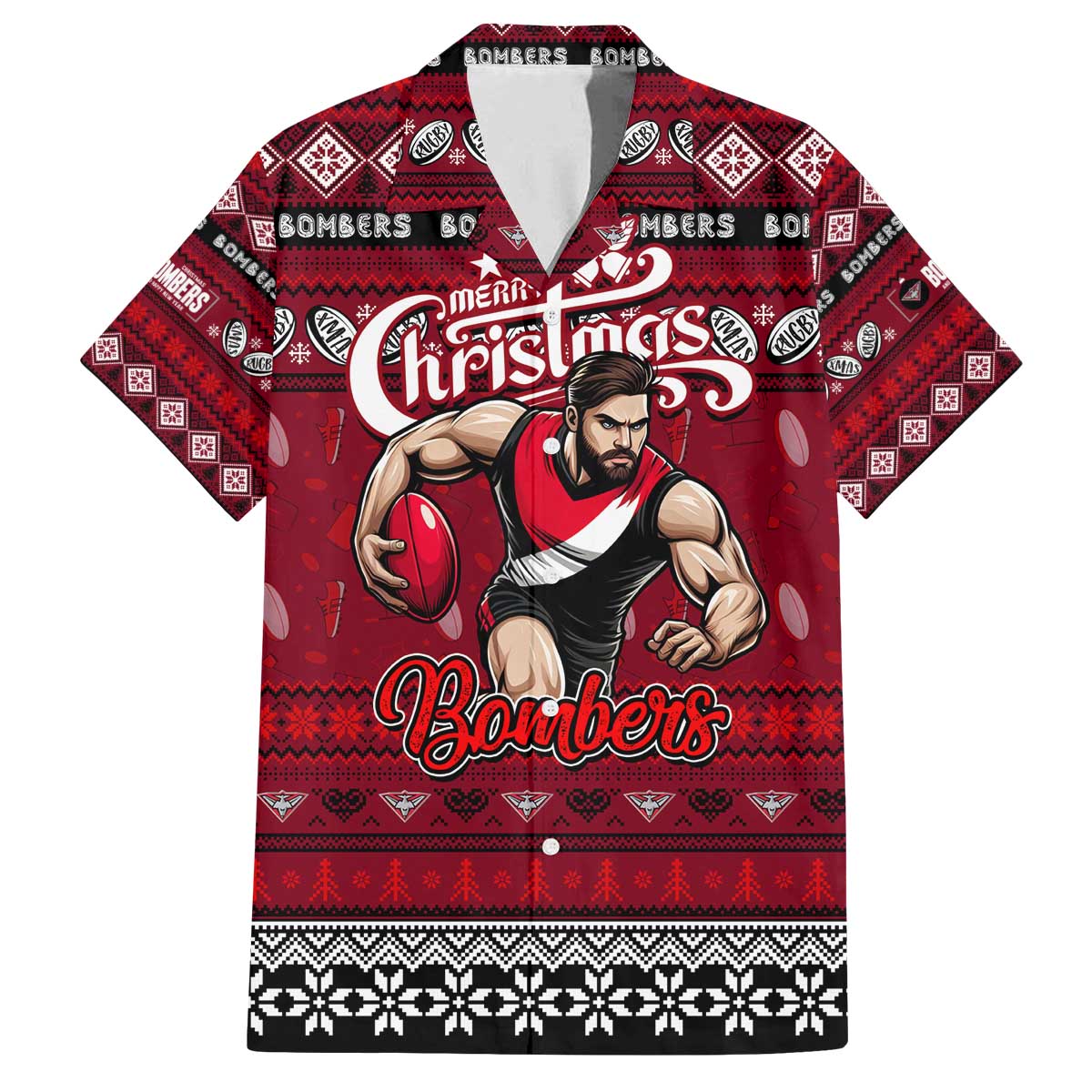Personalized Bombers Rugby Xmas Family Matching Off The Shoulder Long Sleeve Dress and Hawaiian Shirt Australia AFL Mascot