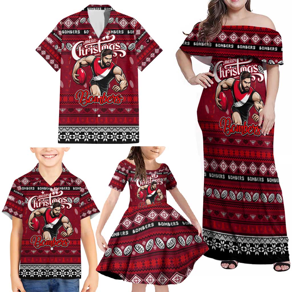 Personalized Bombers Rugby Xmas Family Matching Off Shoulder Maxi Dress and Hawaiian Shirt Australia AFL Mascot