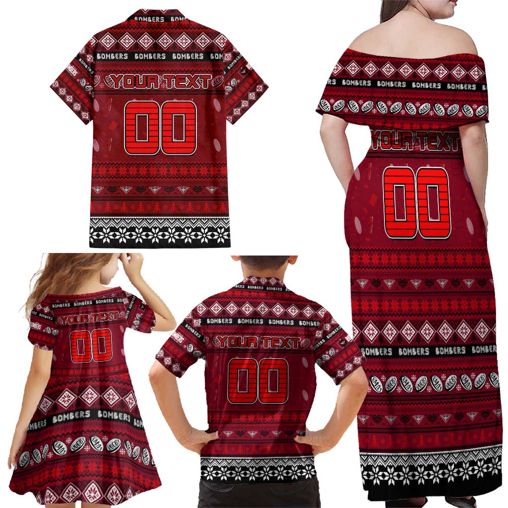 Personalized Bombers Rugby Xmas Family Matching Off Shoulder Maxi Dress and Hawaiian Shirt Australia AFL Mascot