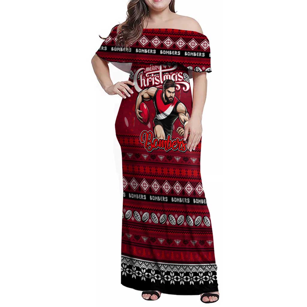 Personalized Bombers Rugby Xmas Family Matching Off Shoulder Maxi Dress and Hawaiian Shirt Australia AFL Mascot