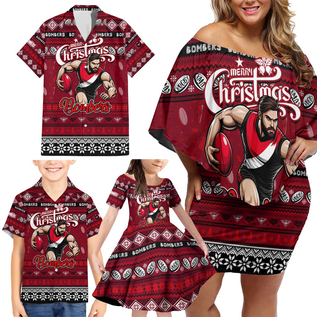 Personalized Bombers Rugby Xmas Family Matching Off Shoulder Short Dress and Hawaiian Shirt Australia AFL Mascot