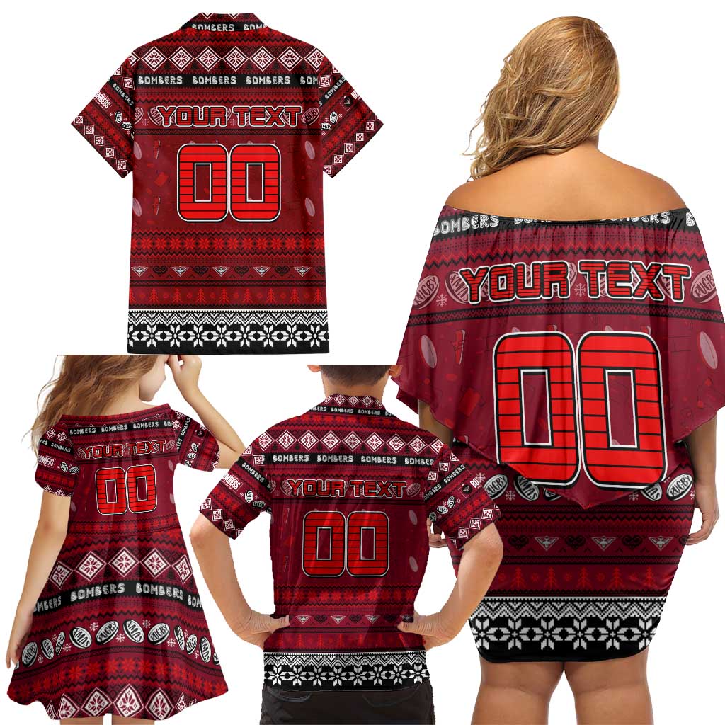 Personalized Bombers Rugby Xmas Family Matching Off Shoulder Short Dress and Hawaiian Shirt Australia AFL Mascot