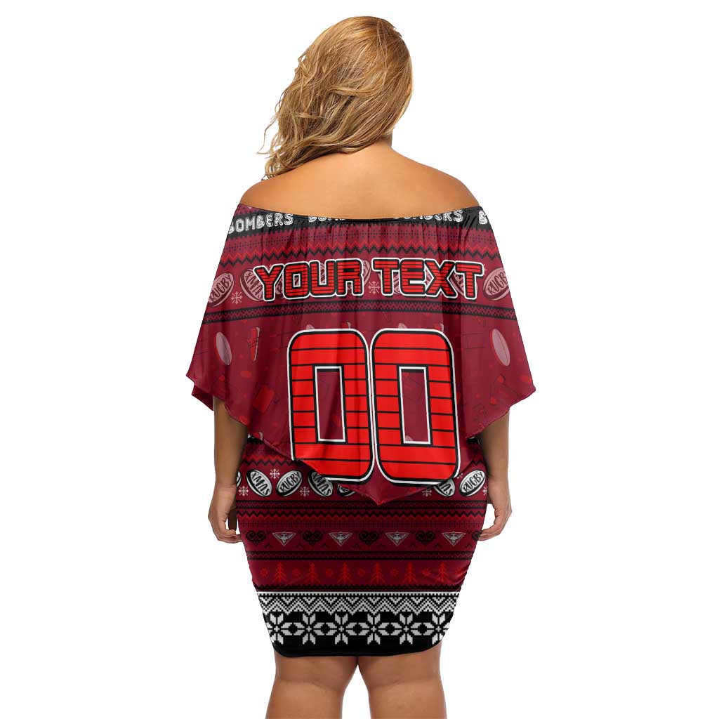 Personalized Bombers Rugby Xmas Family Matching Off Shoulder Short Dress and Hawaiian Shirt Australia AFL Mascot