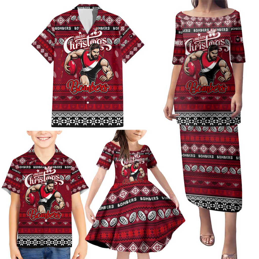 Personalized Bombers Rugby Xmas Family Matching Puletasi and Hawaiian Shirt Australia AFL Mascot