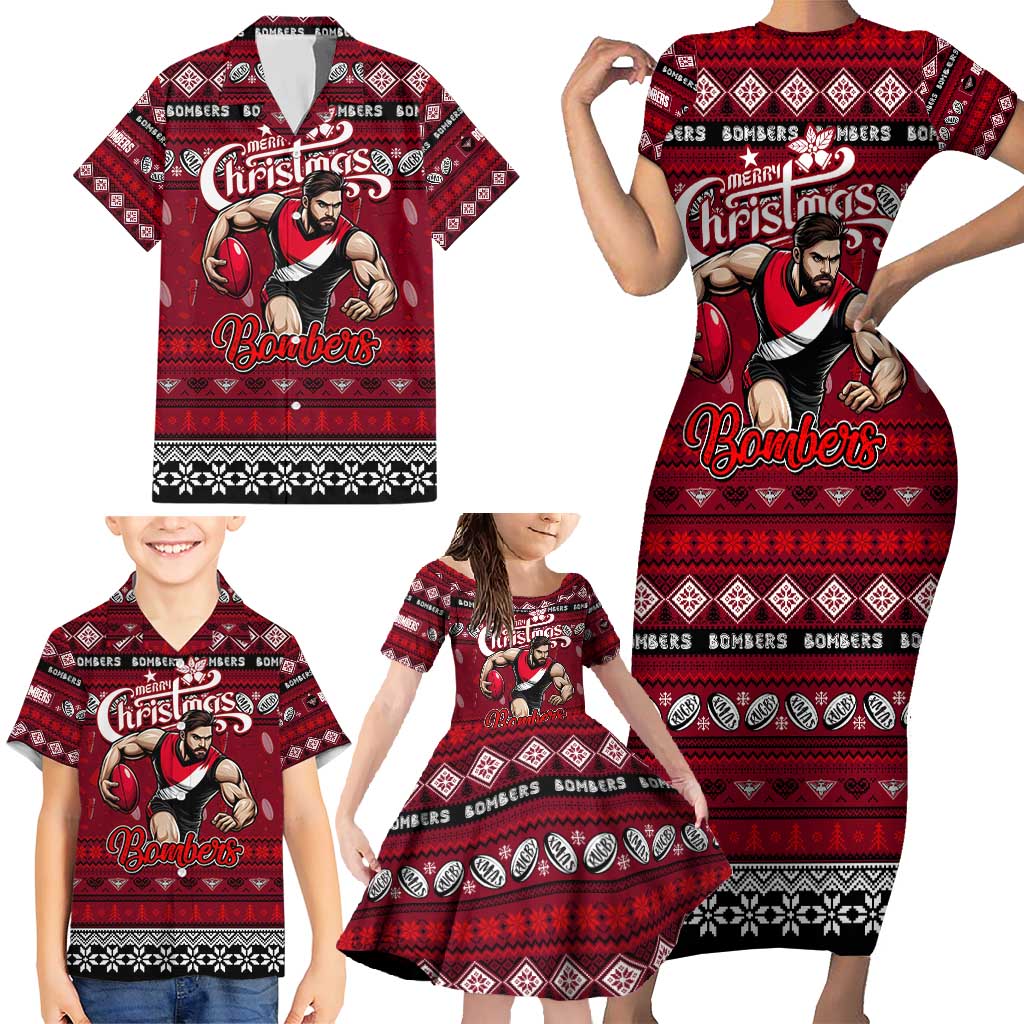 Personalized Bombers Rugby Xmas Family Matching Short Sleeve Bodycon Dress and Hawaiian Shirt Australia AFL Mascot