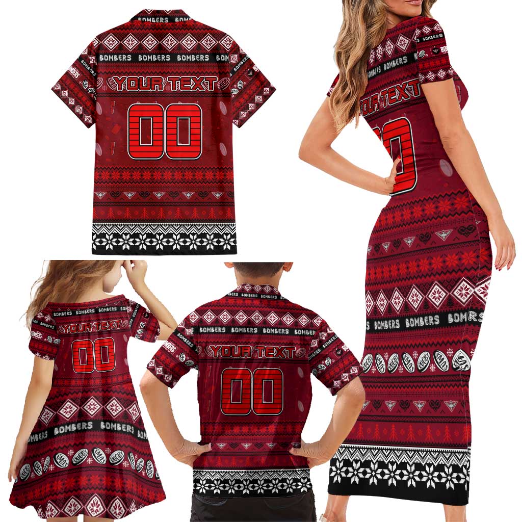 Personalized Bombers Rugby Xmas Family Matching Short Sleeve Bodycon Dress and Hawaiian Shirt Australia AFL Mascot