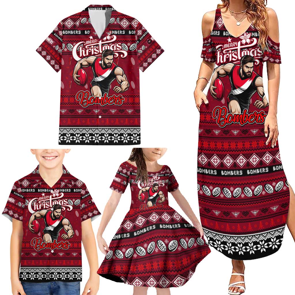 Personalized Bombers Rugby Xmas Family Matching Summer Maxi Dress and Hawaiian Shirt Australia AFL Mascot