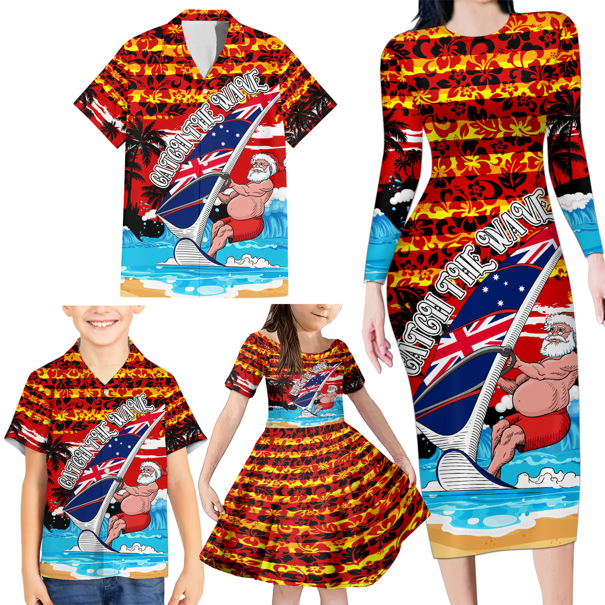 australia-surfing-christmas-family-matching-long-sleeve-bodycon-dress-and-hawaiian-shirt-catch-the-wave