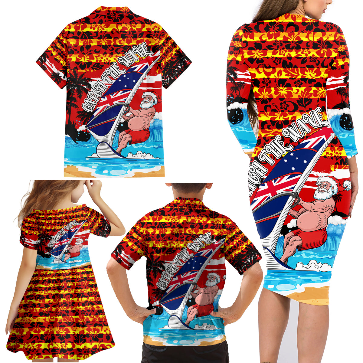 australia-surfing-christmas-family-matching-long-sleeve-bodycon-dress-and-hawaiian-shirt-catch-the-wave