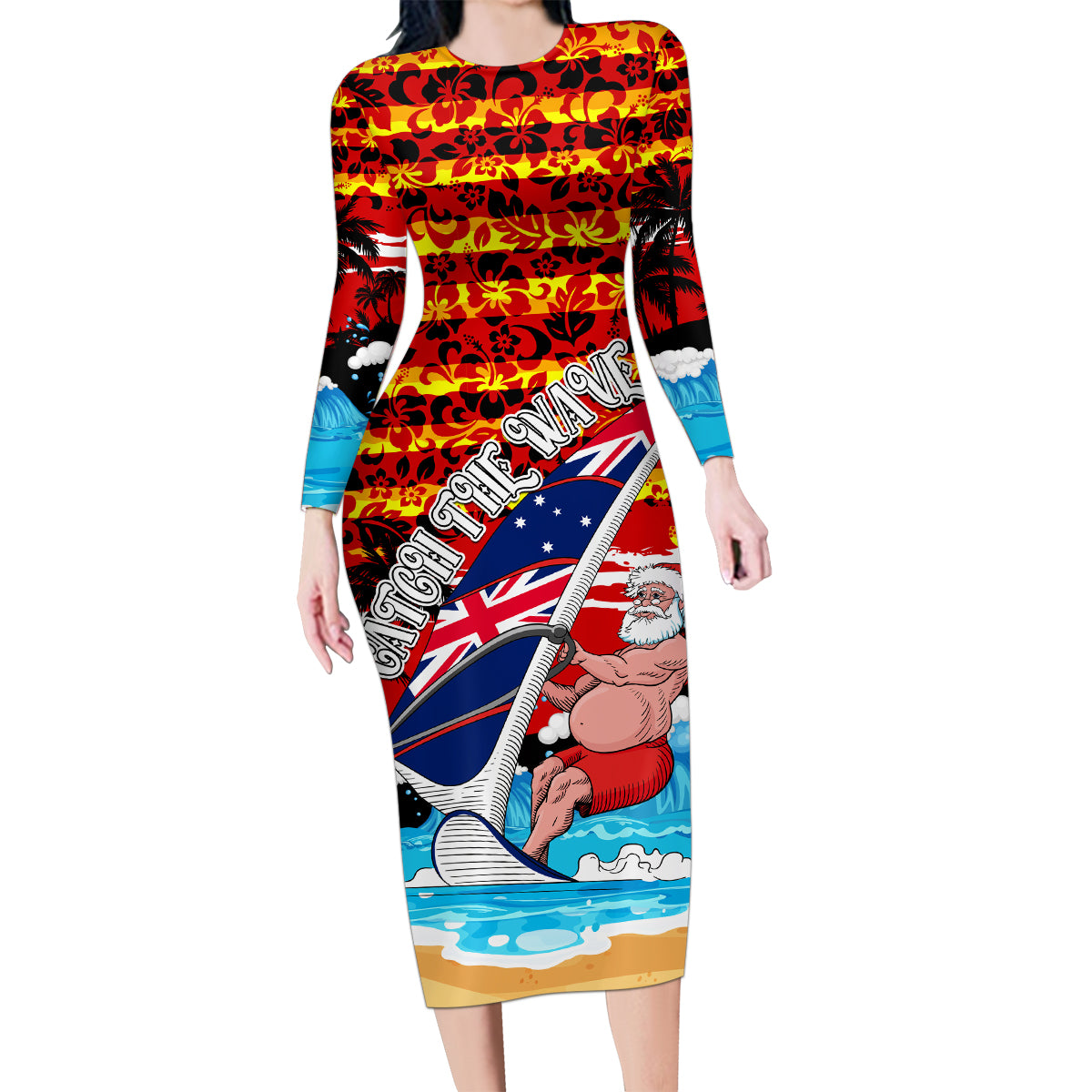 australia-surfing-christmas-family-matching-long-sleeve-bodycon-dress-and-hawaiian-shirt-catch-the-wave