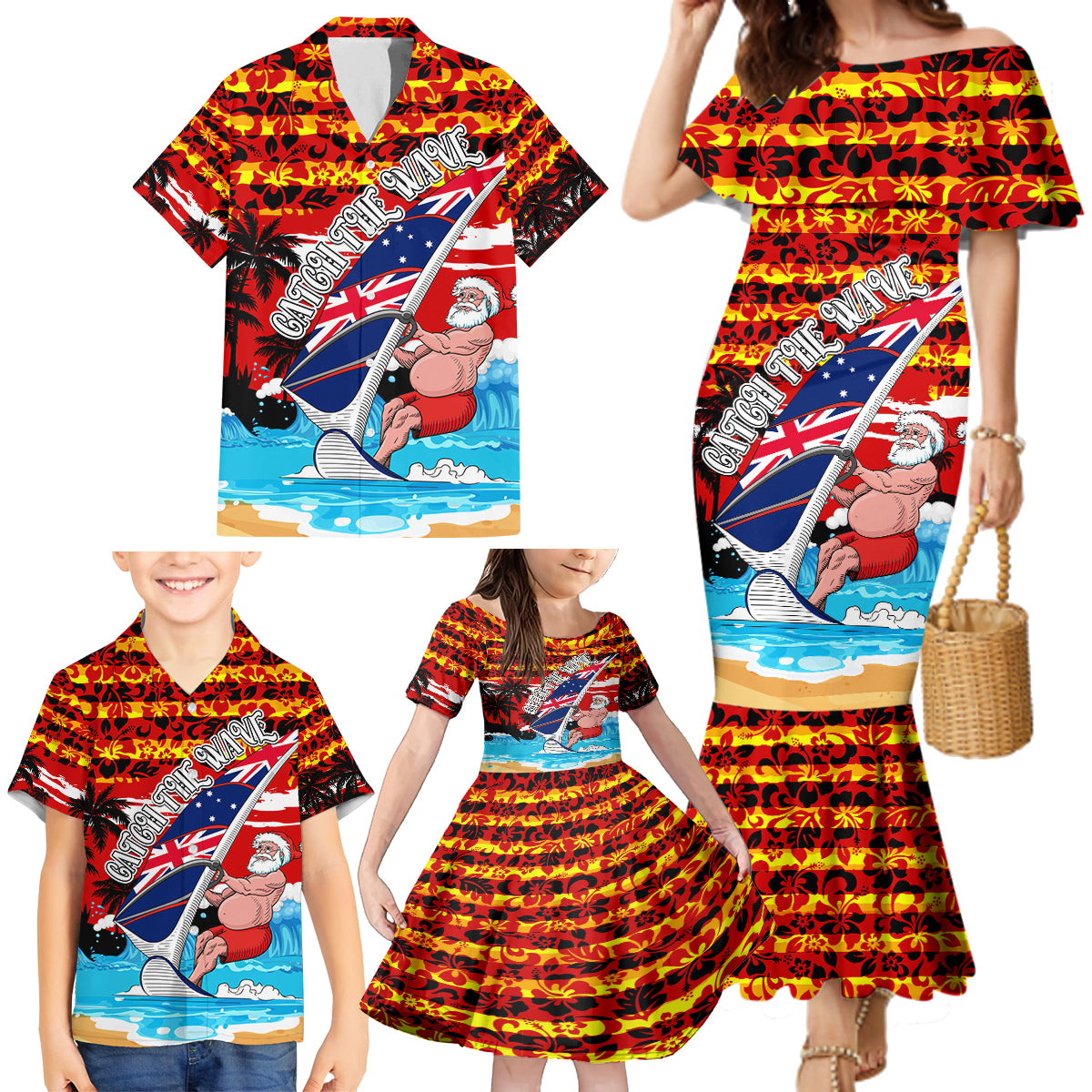 australia-surfing-christmas-family-matching-mermaid-dress-and-hawaiian-shirt-catch-the-wave