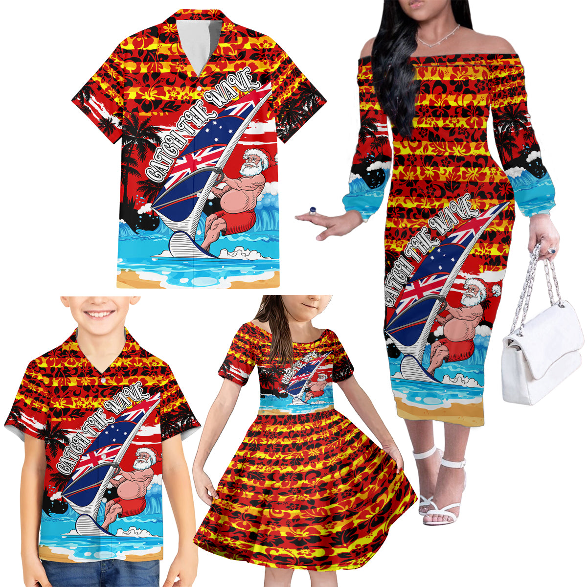 australia-surfing-christmas-family-matching-off-shoulder-long-sleeve-dress-and-hawaiian-shirt-catch-the-wave