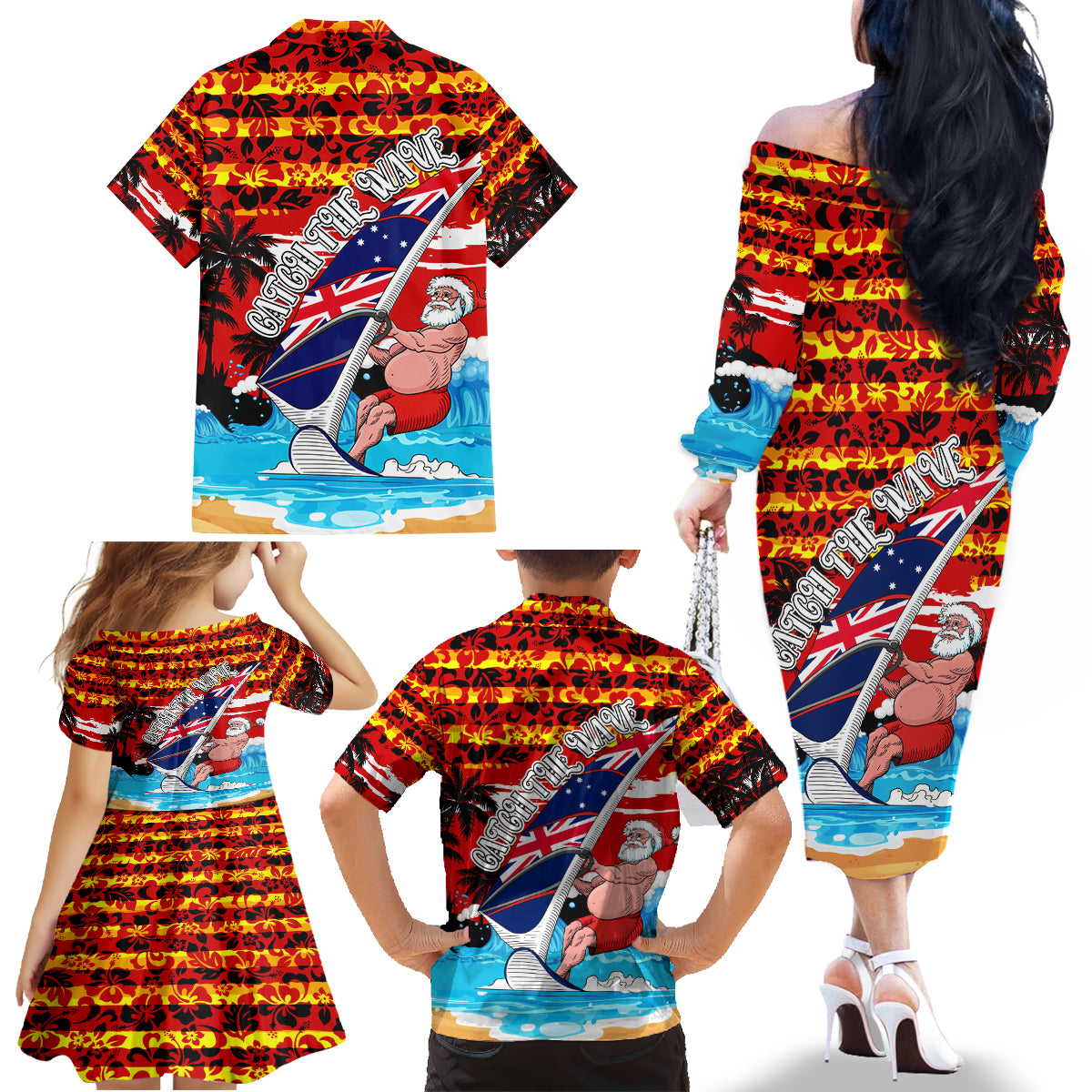 australia-surfing-christmas-family-matching-off-shoulder-long-sleeve-dress-and-hawaiian-shirt-catch-the-wave