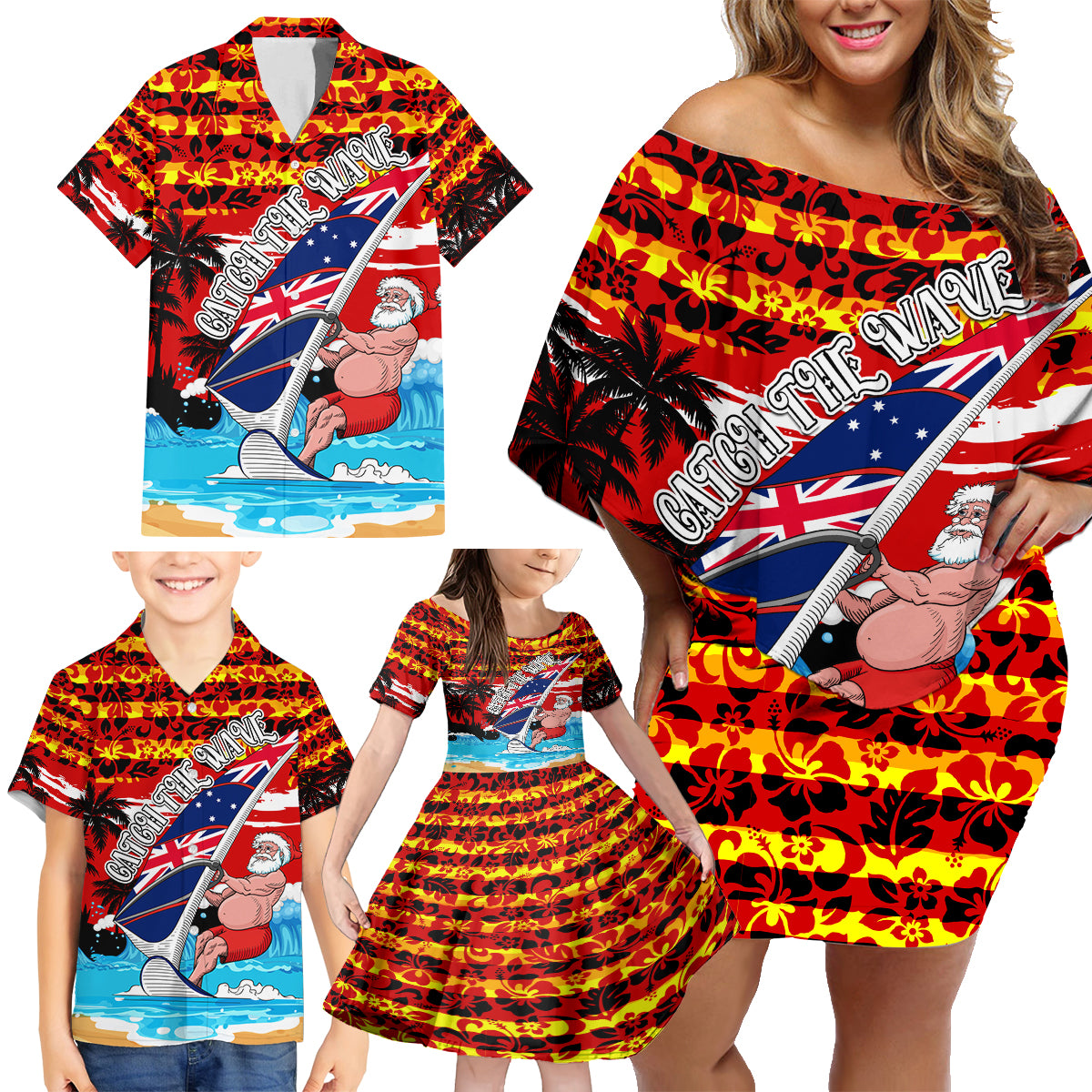 australia-surfing-christmas-family-matching-off-shoulder-short-dress-and-hawaiian-shirt-catch-the-wave