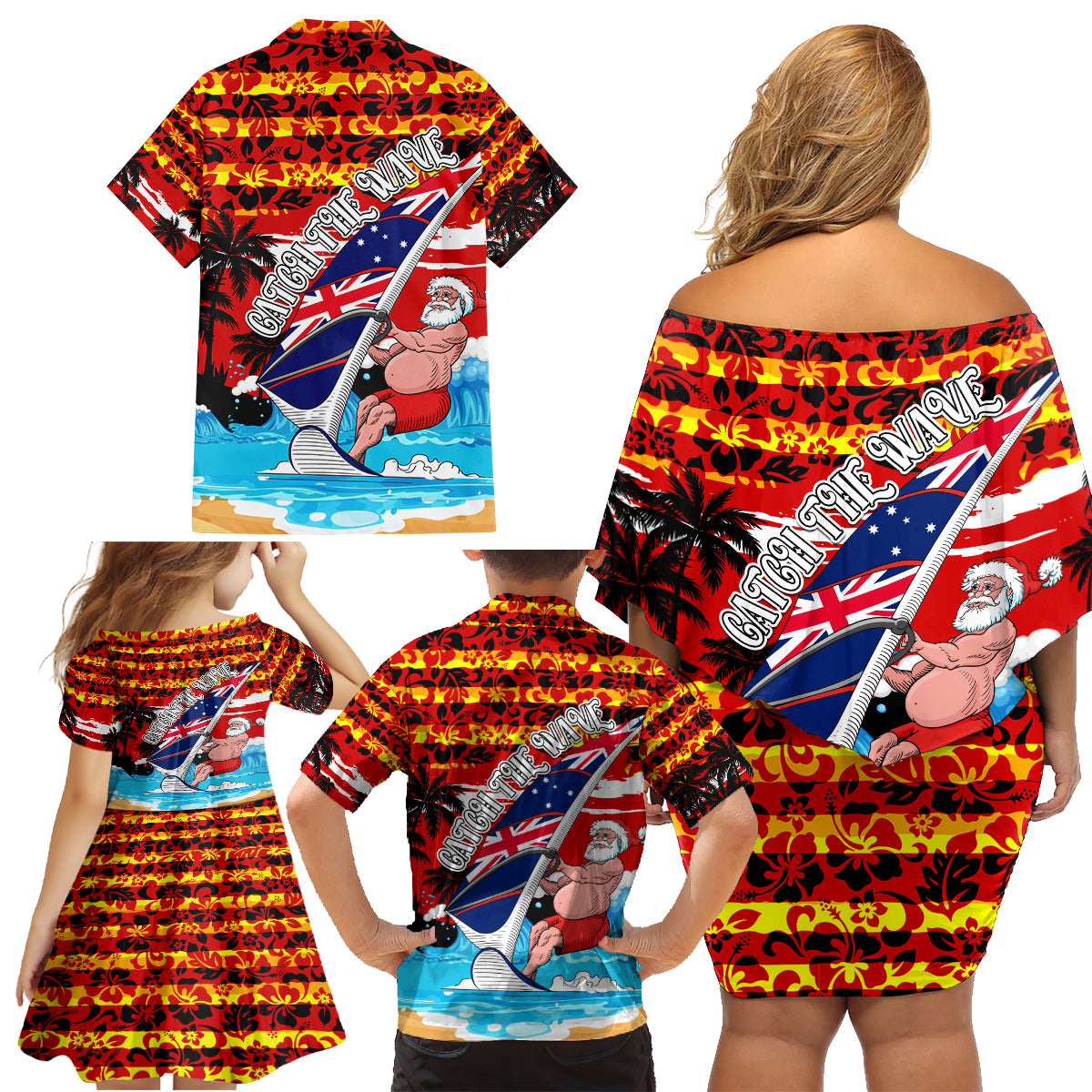 australia-surfing-christmas-family-matching-off-shoulder-short-dress-and-hawaiian-shirt-catch-the-wave